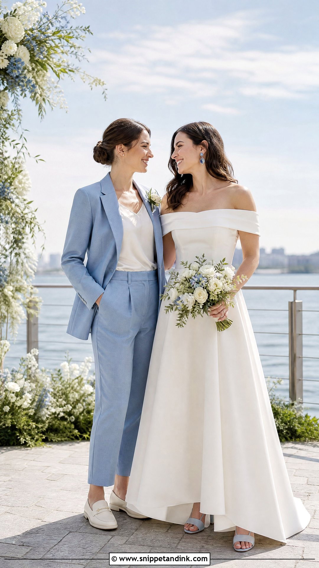 Pastel Blue Suit And Off Shoulder Wedding Dress - Snippet and Ink - 20 WLW Wedding Suit and Dress Ideas