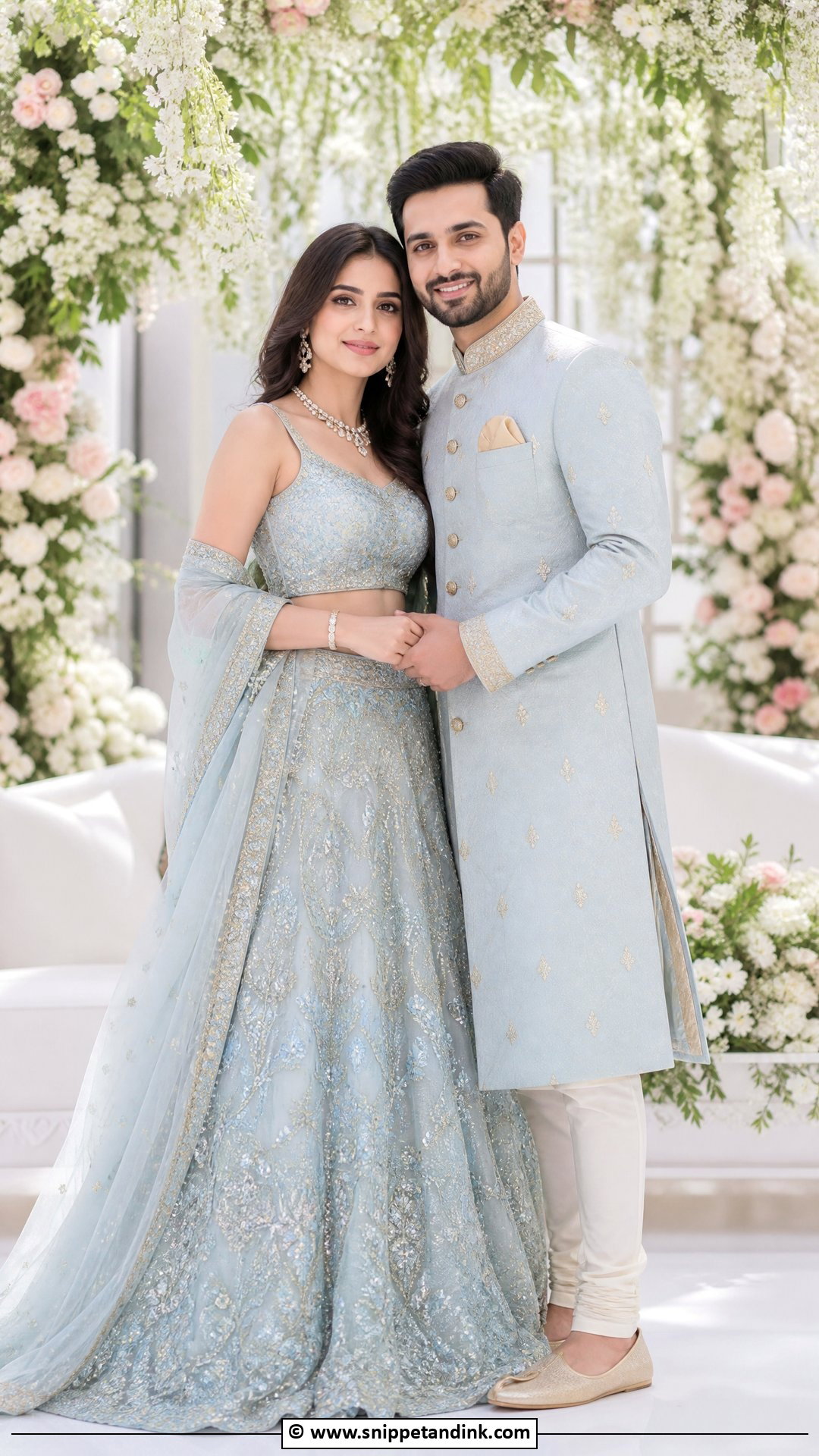 Pastel Couple Dress For Engagement - Snippet and Ink - 35 Indian Couple Matching Dress Ideas