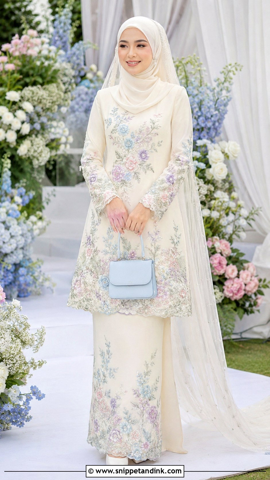 Pastel Embroidered Baju Kurung Wedding Dress - Snippet and Ink - 20 Malaysian Muslim Wedding Dress Ideas