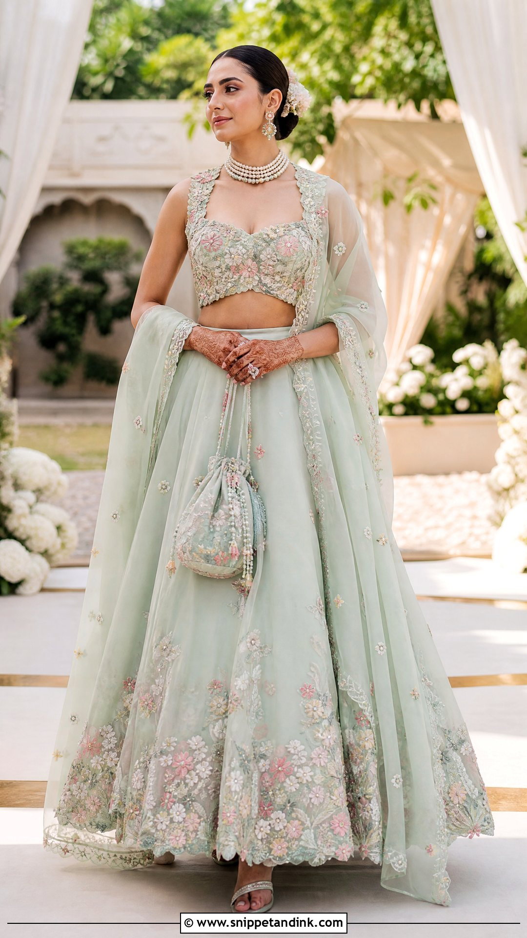 Pastel Floral Bridal Choli With Organza Lehenga - Snippet and Ink - 20 Indian Bridal Bride Choli Ideas