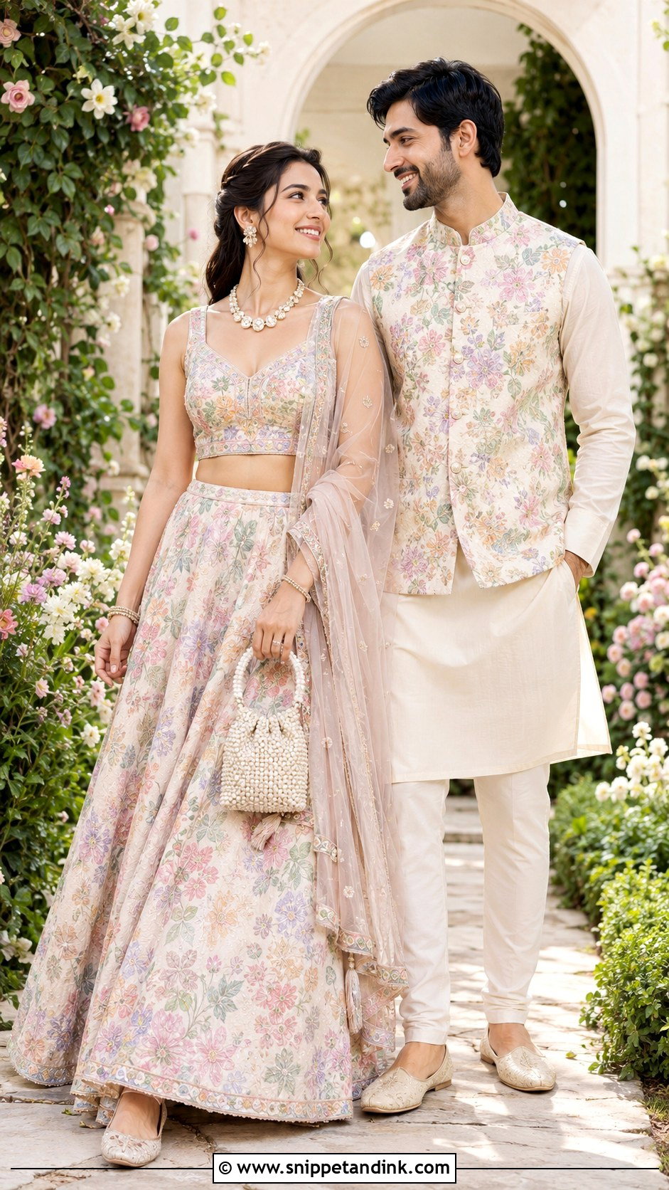 Pastel Floral Lehenga And Coordinated Kurta Indian Wedding Outfit - Snippet and Ink - 20 Indian Wedding Matching Outfits