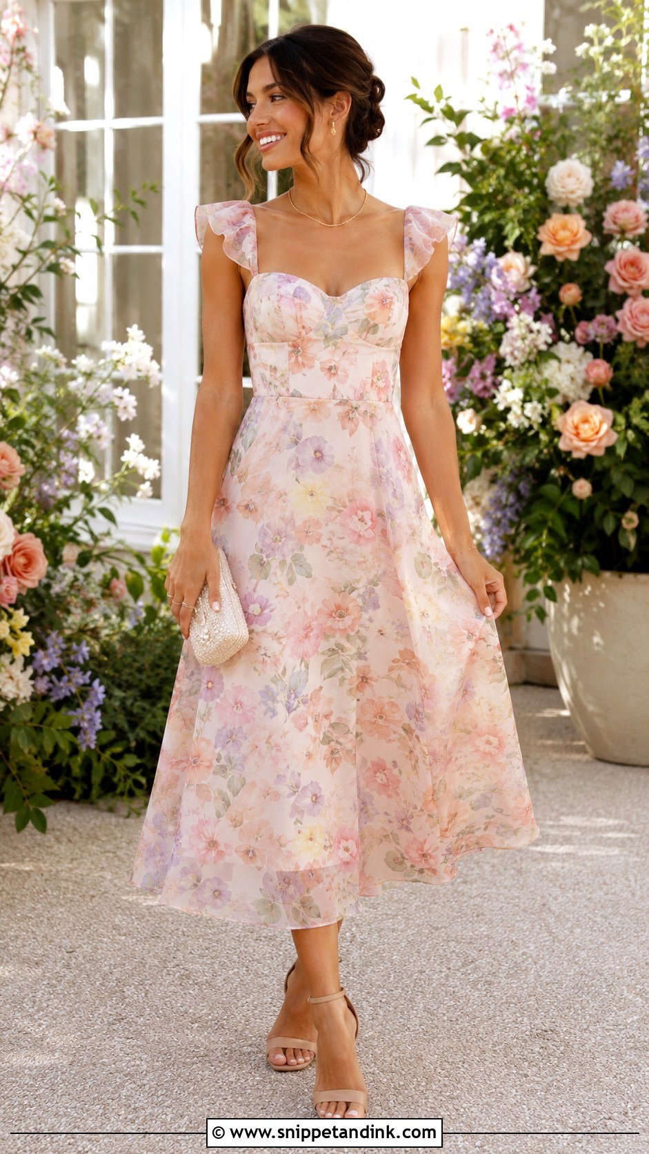 Pastel Floral Midi Dress Outfit - Snippet and Ink - 25 Rehearsal Dinner Outfit for Bride Ideas