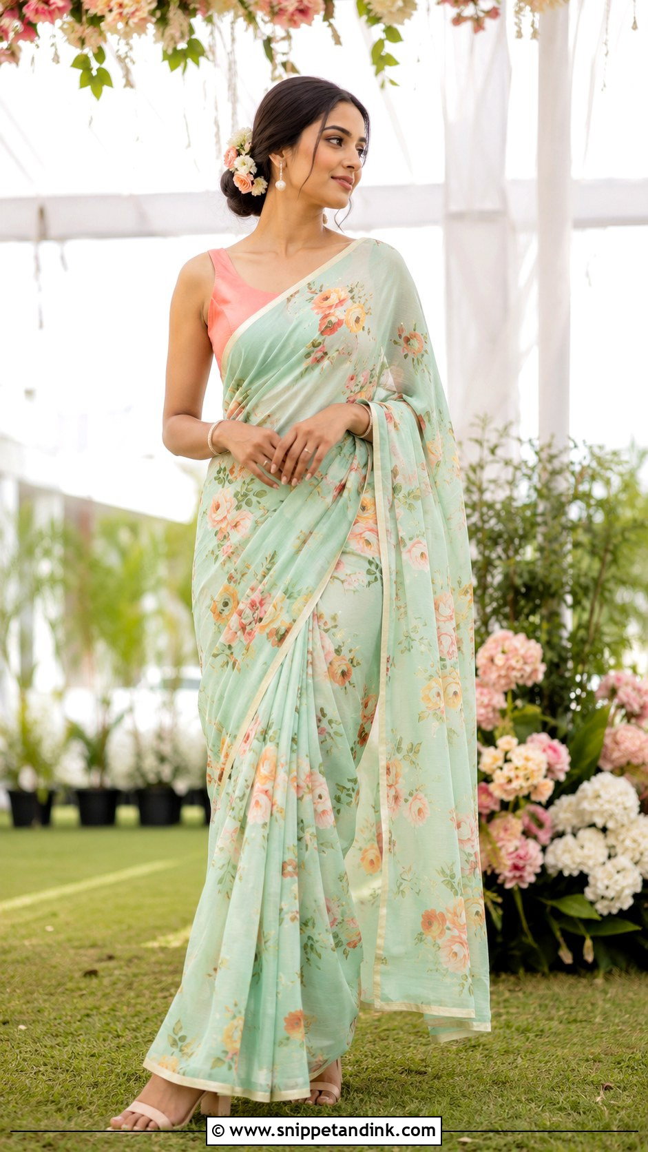 Pastel Floral Sari Haldi Outfit - Snippet and Ink - 20 Haldi Inspo Outfit Ideas