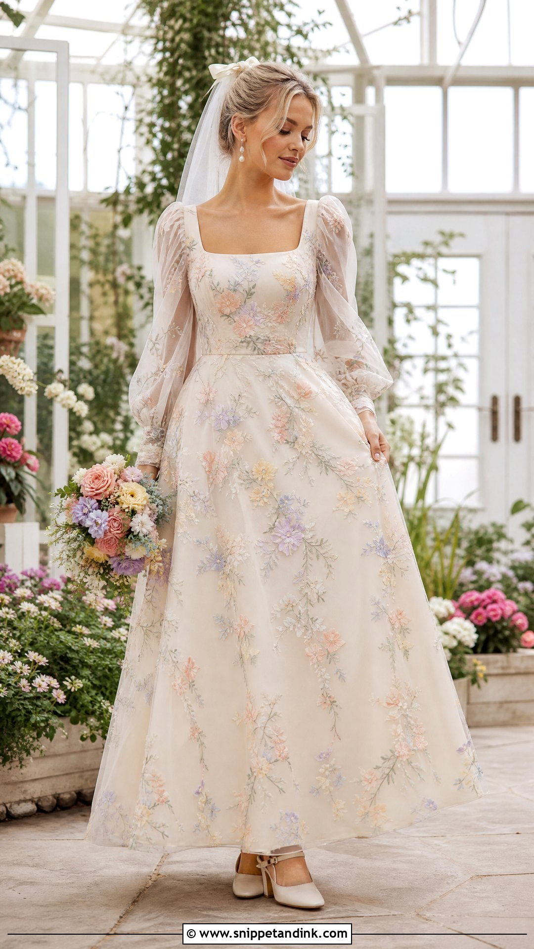 Pastel Floral Wedding Dress With Puff Sleeves - Snippet and Ink - 20 Wedding Dress with Colorful Flowers