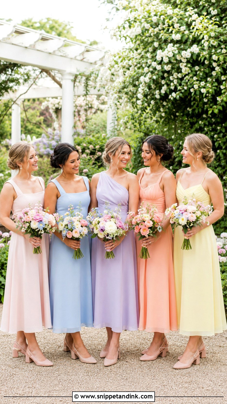 Pastel Garden Bridal Party Midi Dresses - Snippet and Ink - 20 Bridal Party Attire Ideas