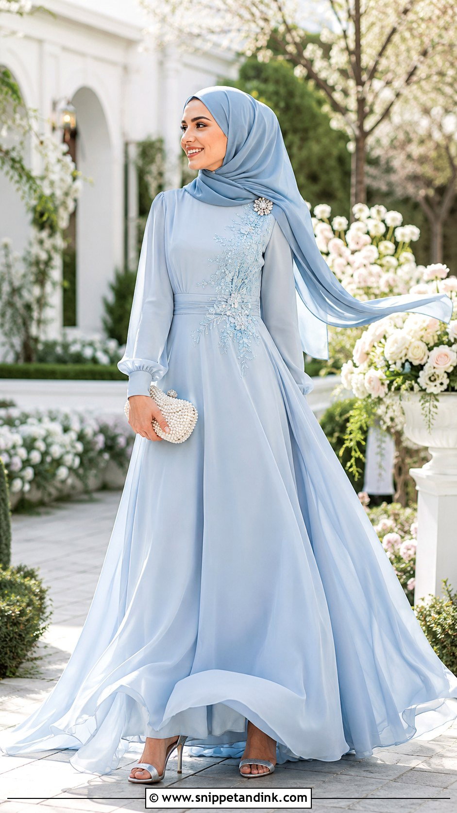 Pastel Gown And Tonal Hijab Wedding Outfit - Snippet and Ink - 20 Hijab Outfit Wedding Ideas