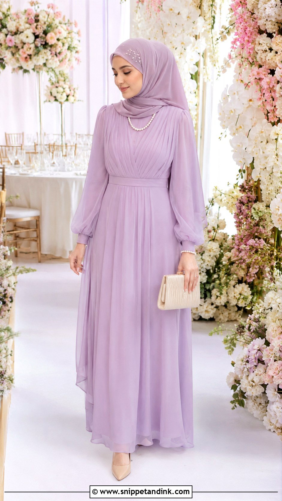 Pastel Gown With Pearl Hijab Pins - Snippet and Ink - 30 Hijab Style for Wedding Ideas