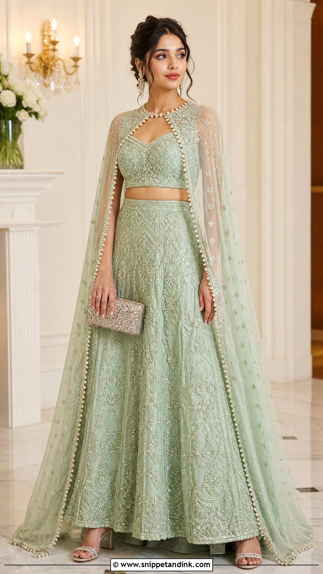 Pastel Green Cape Lehenga - Snippet and Ink - 20 Pastel Green Indian Dress Ideas