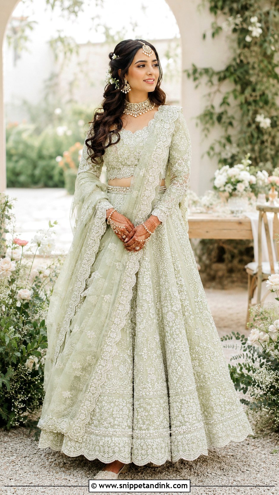 Pastel Green Chikankari Bridal Mehndi Lehenga - Snippet and Ink - 20 Green Bridal Mehndi Outfit Ideas