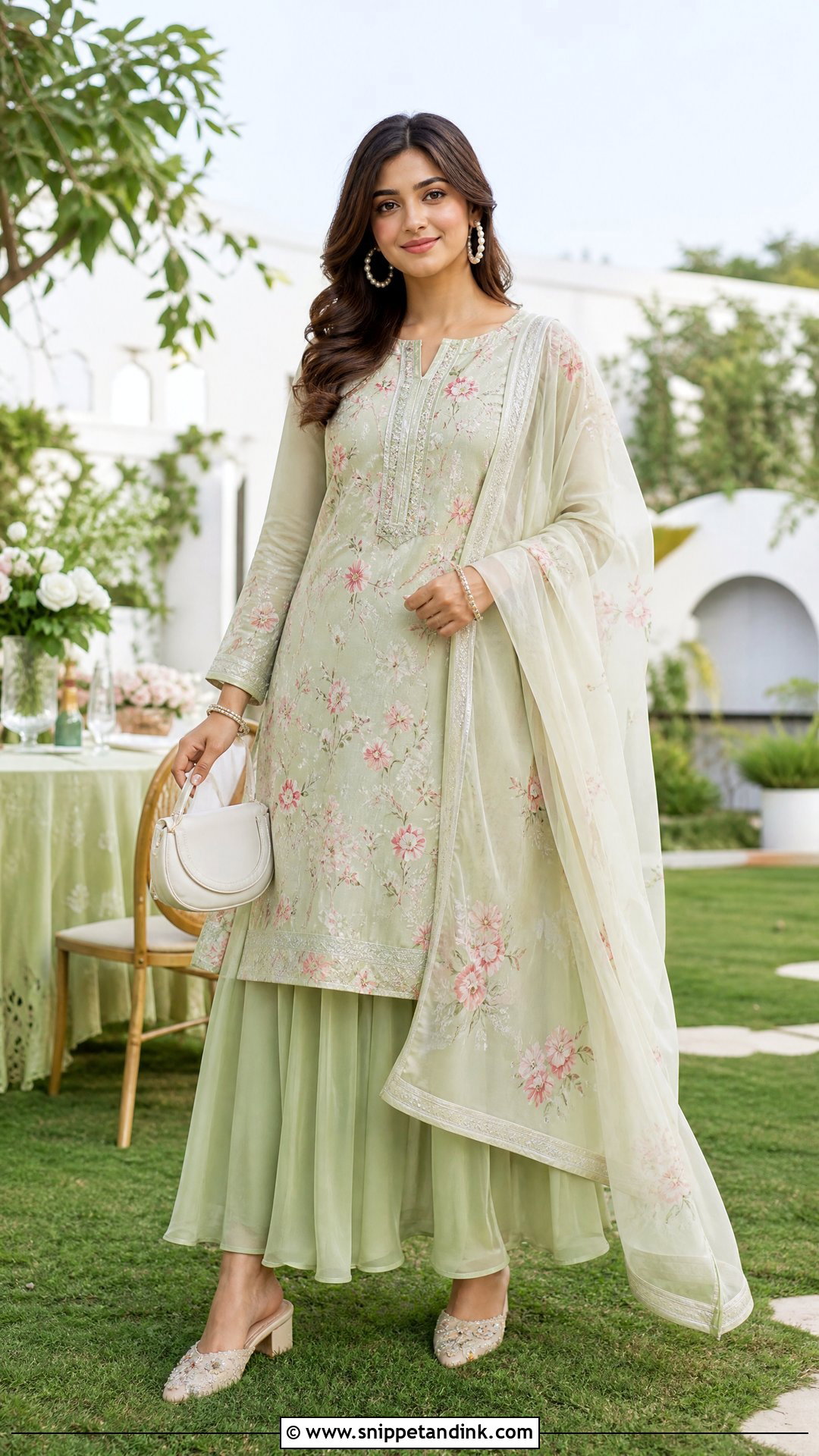 Pastel Green Floral Kurta With Skirt - Snippet and Ink - 20 Pastel Green Indian Dress Ideas