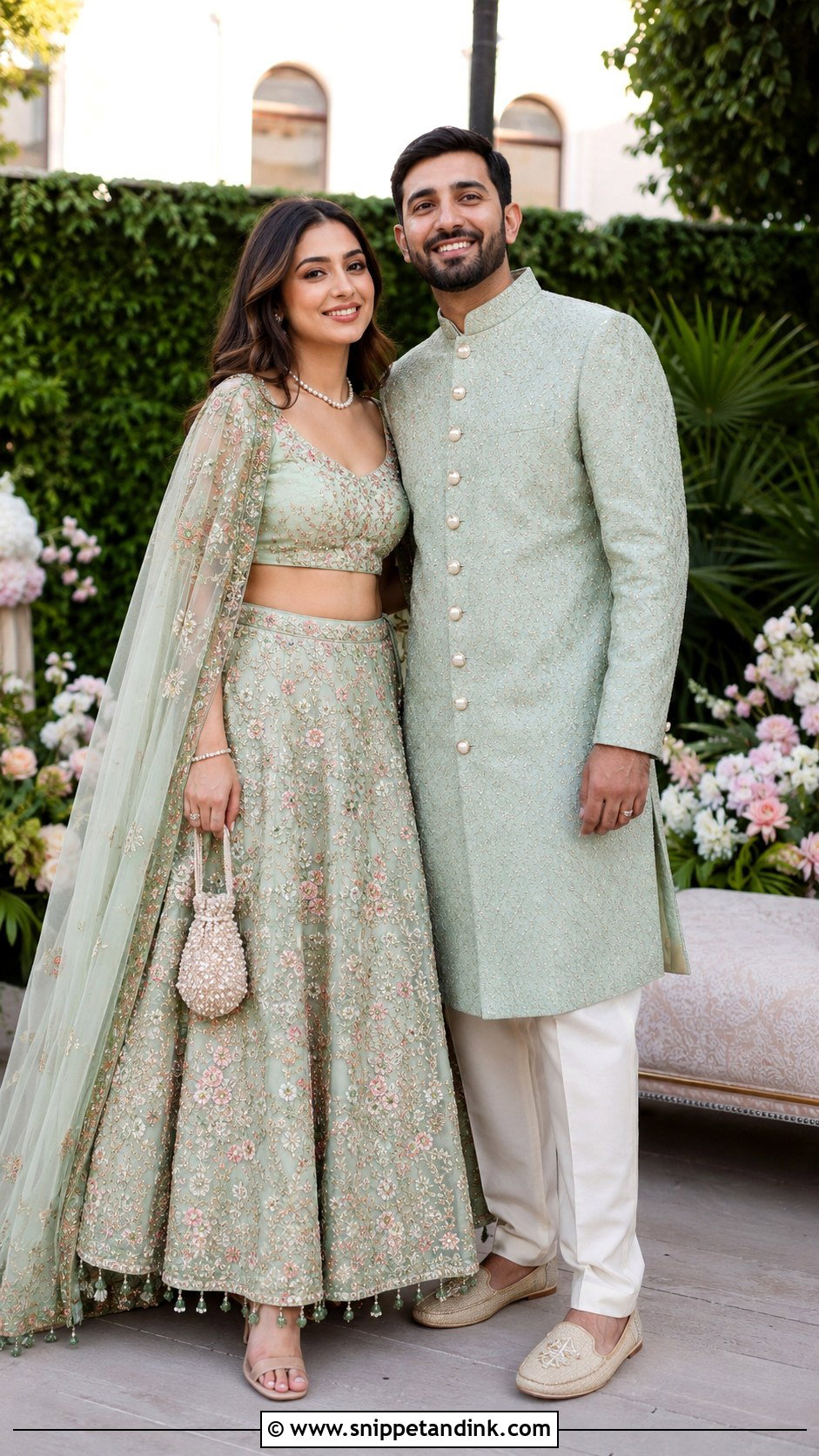 Pastel Green Lehenga And Sage Sherwani - Snippet and Ink - 20 Couple Matching Outfits Indian Wedding