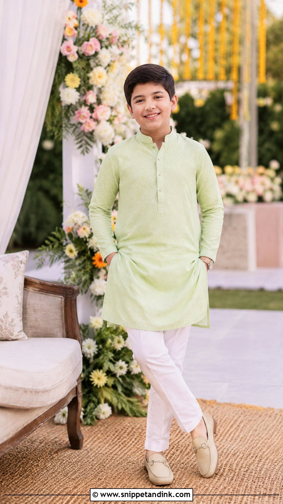 Pastel Kurta With White Trousers For Boys - Snippet and Ink - 25 Mehndi Dress for Boys Ideas