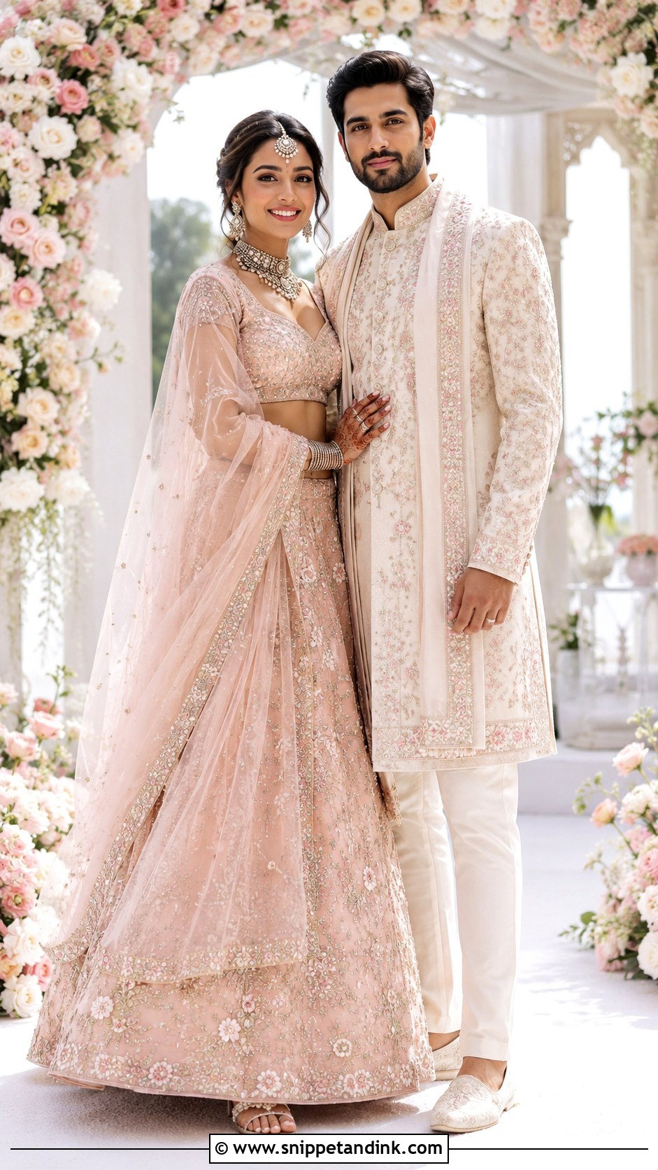 Pastel Lehenga And Coordinated Sherwani Couple Wedding Outfit - Snippet and Ink - 20 Couple Matching Wedding Outfits
