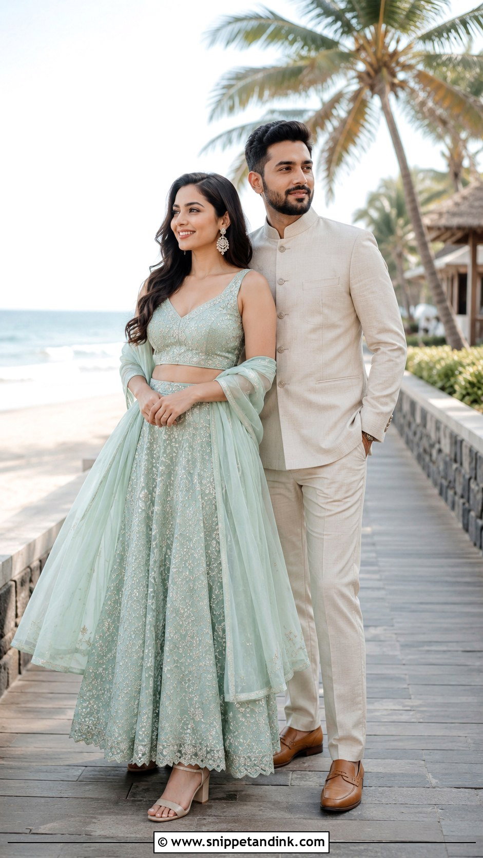 Pastel Lehenga And Cream Bandhgala Outfit - Snippet and Ink - 20 Beach Pre Wedding Shoot Outfit Ideas