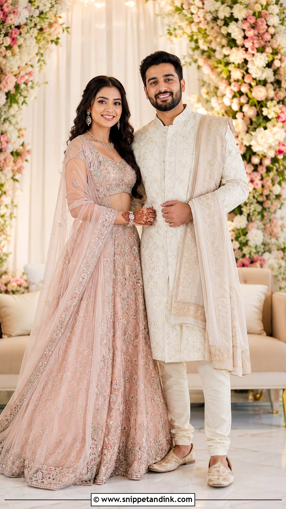 Pastel Lehenga And Ivory Sherwani - Snippet and Ink - 25 Indian Couple Ring Ceremony Dress Ideas