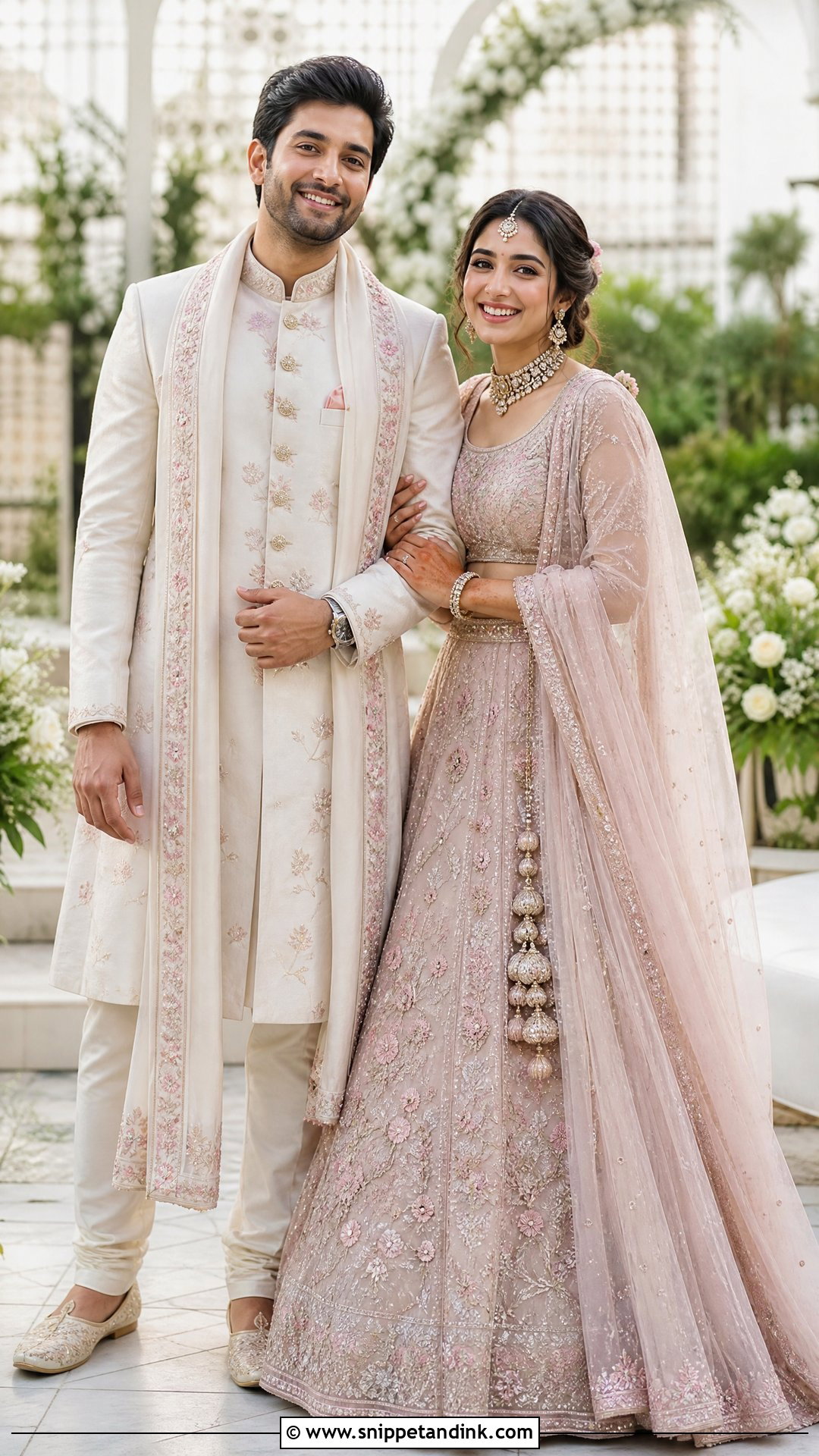 Pastel Lehenga And Matching Sherwani Wedding Outfit - Snippet and Ink - 25 Wedding Outfits for Couples