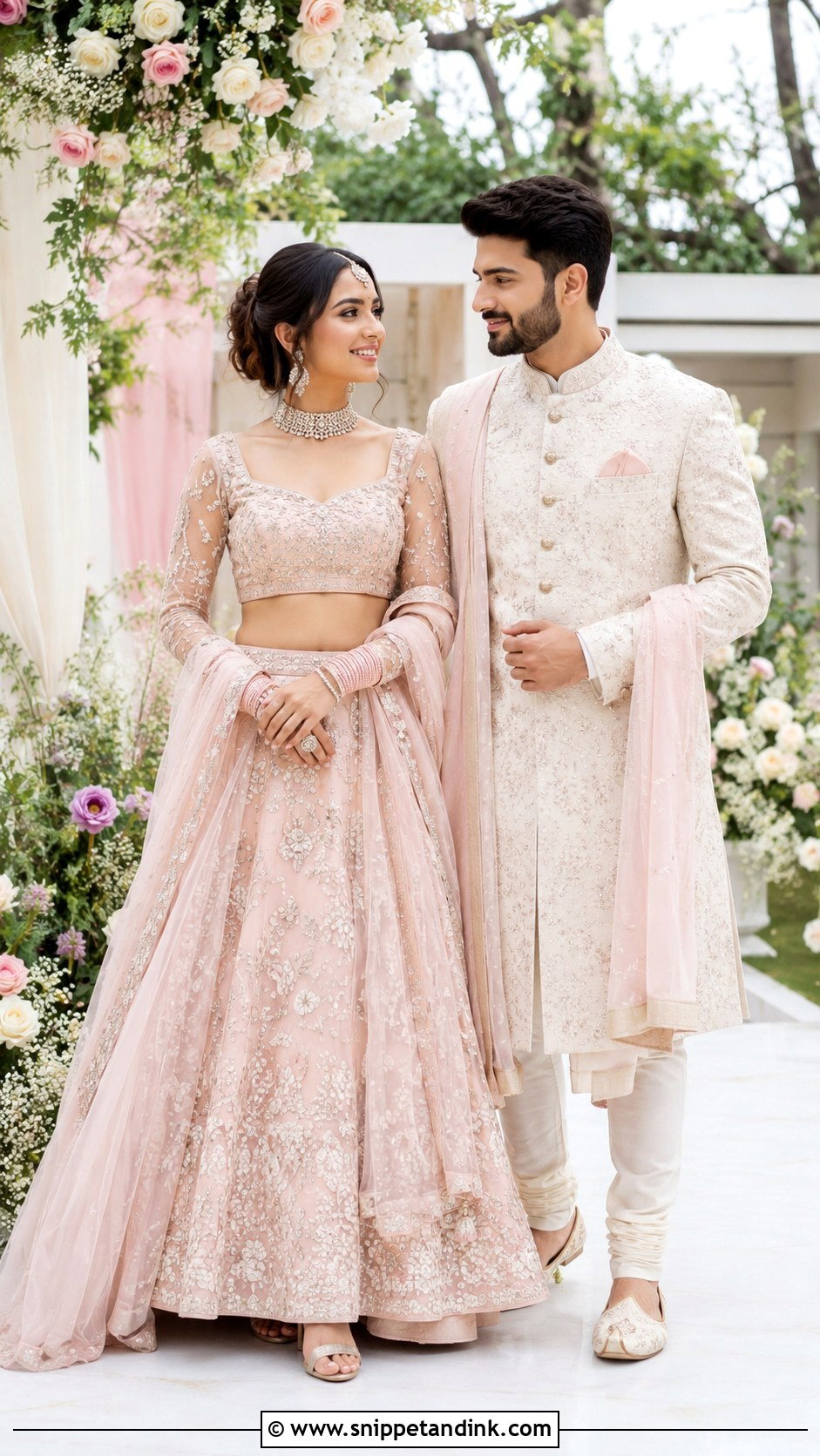 Pastel Lehenga And Pastel Sherwani Wedding Couple Outfit - Snippet and Ink - 25 Wedding Couple Outfits
