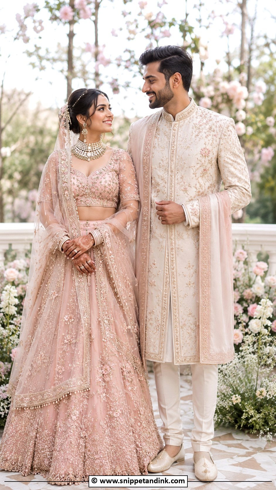 Pastel Lehenga And Pastel Sherwani - Snippet and Ink - 30 Couple Wedding Dress Ideas