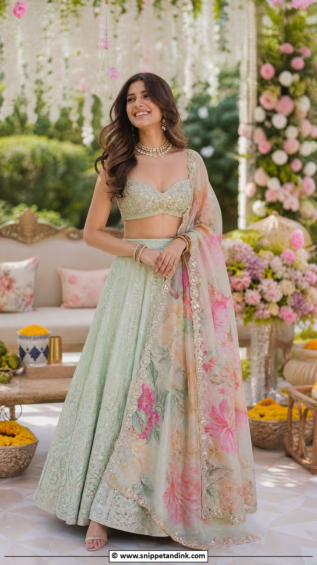 Pastel Mehndi Lehenga With Floral Dupatta - Snippet and Ink - 35 Mehndi Dresses