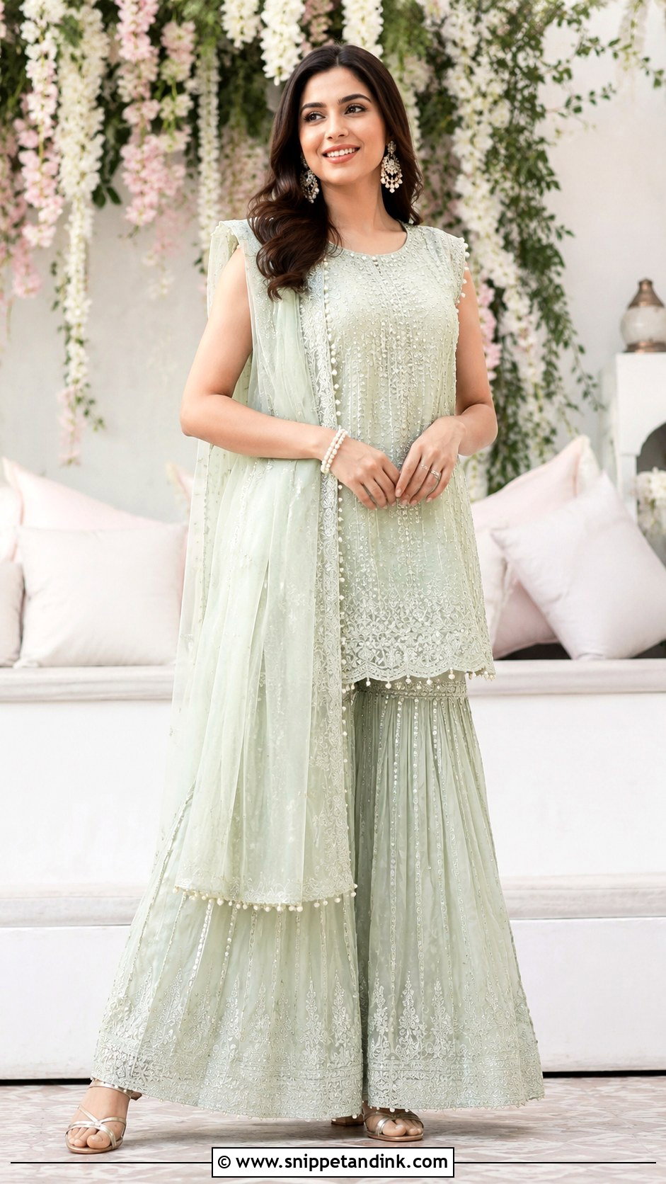 Pastel Mehndi Sharara With Pearl Details - Snippet and Ink - 25 Mehndi Sharara Outfit Ideas