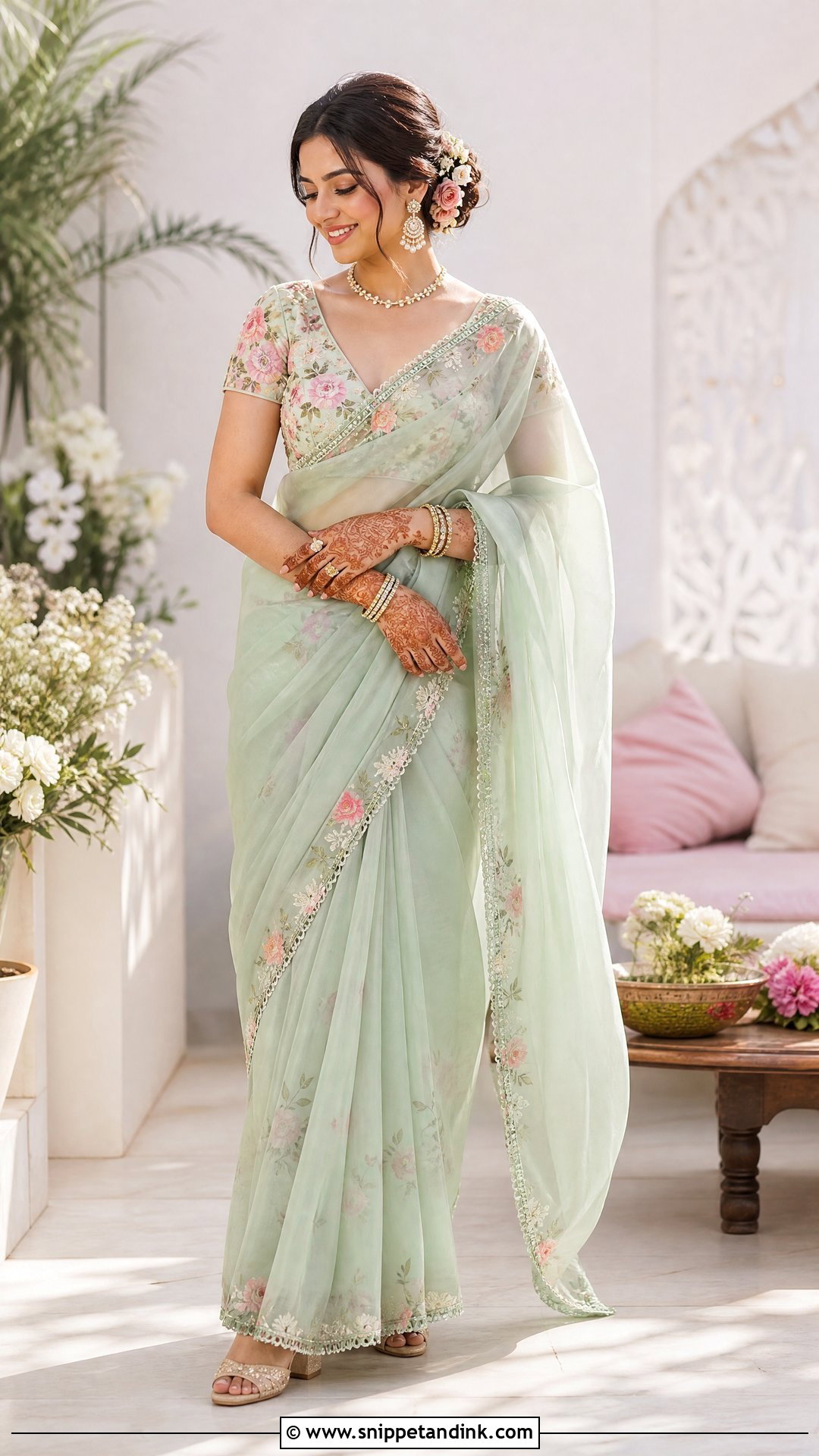 Pastel Organza Saree Mehendi Outfit - Snippet and Ink - 20 Indian Bridal Mehendi Outfits