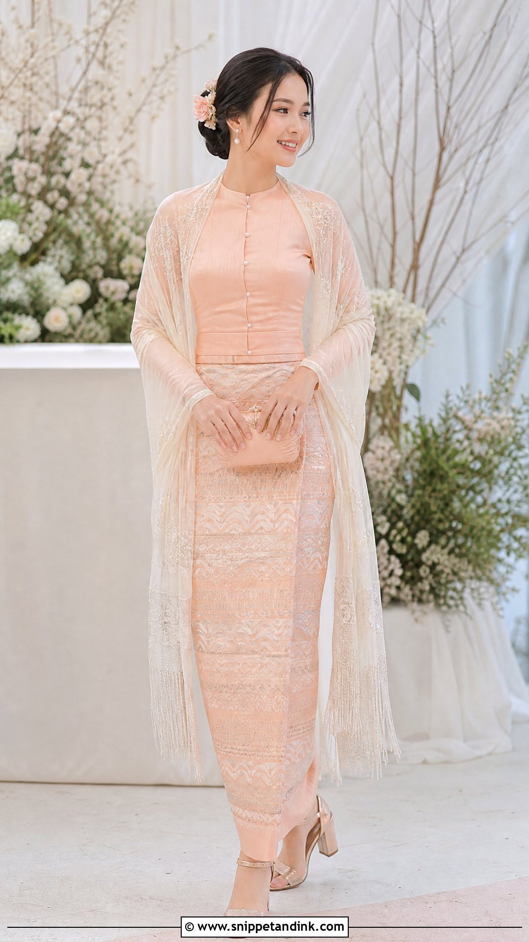 Pastel Peach Myanmar Wedding Dress - Snippet and Ink - 20 Myanmar Wedding Dresses