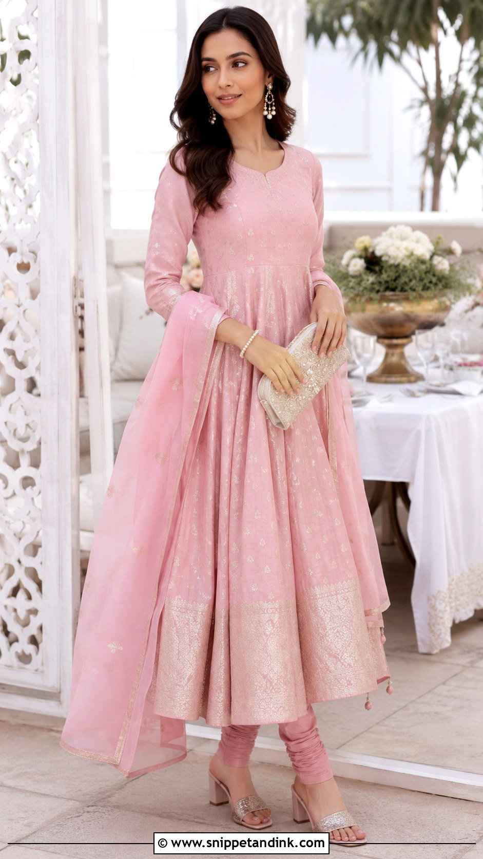 Pastel Pink Banaras Anarkali Dress With Pearl Accessories - Snippet and Ink - 20 Banaras Anarkali Dresses