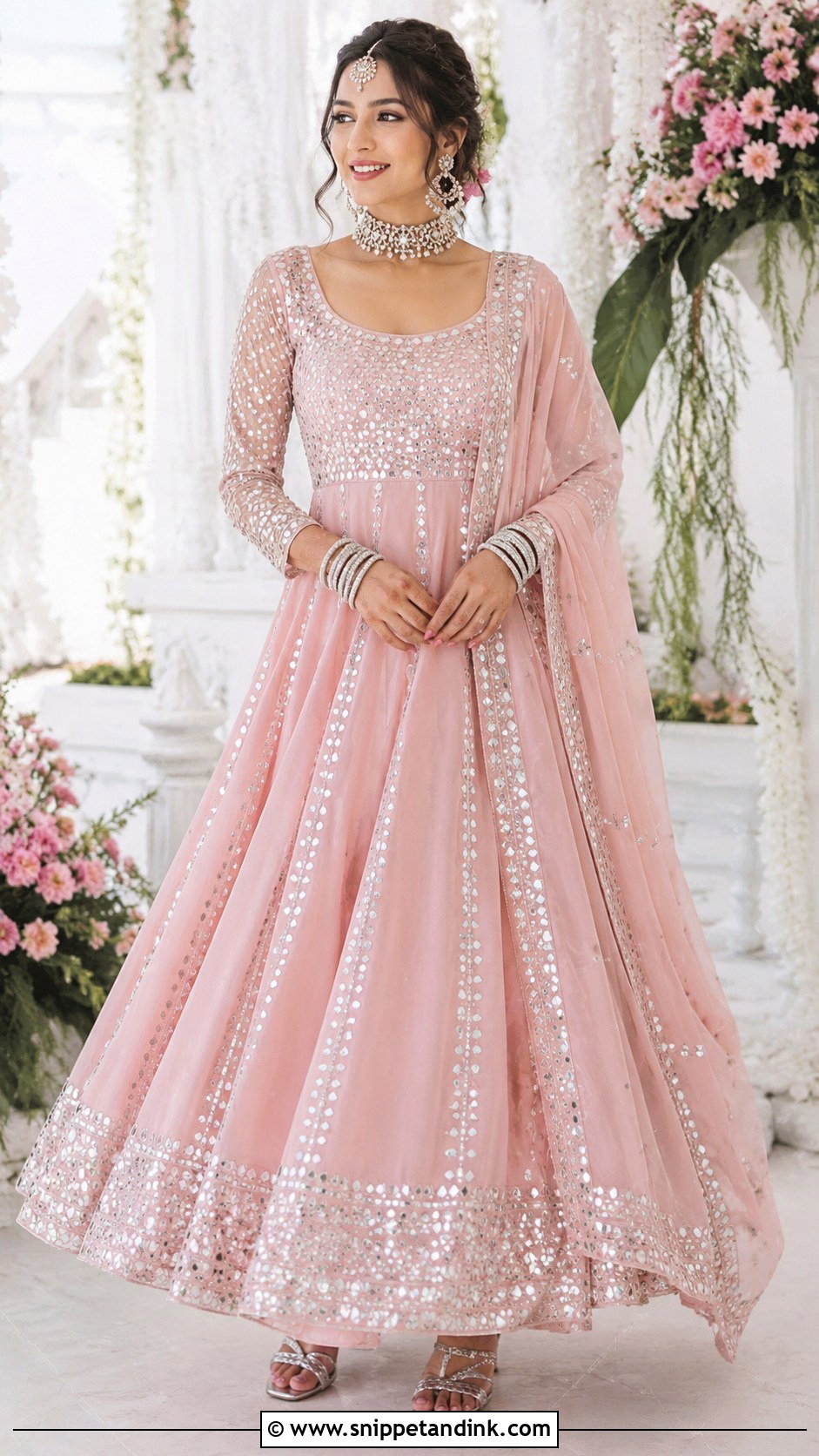 Pastel Pink Bridal Anarkali Suit With Mirror Work - Snippet and Ink - 25 Bridal Anarkali Suits