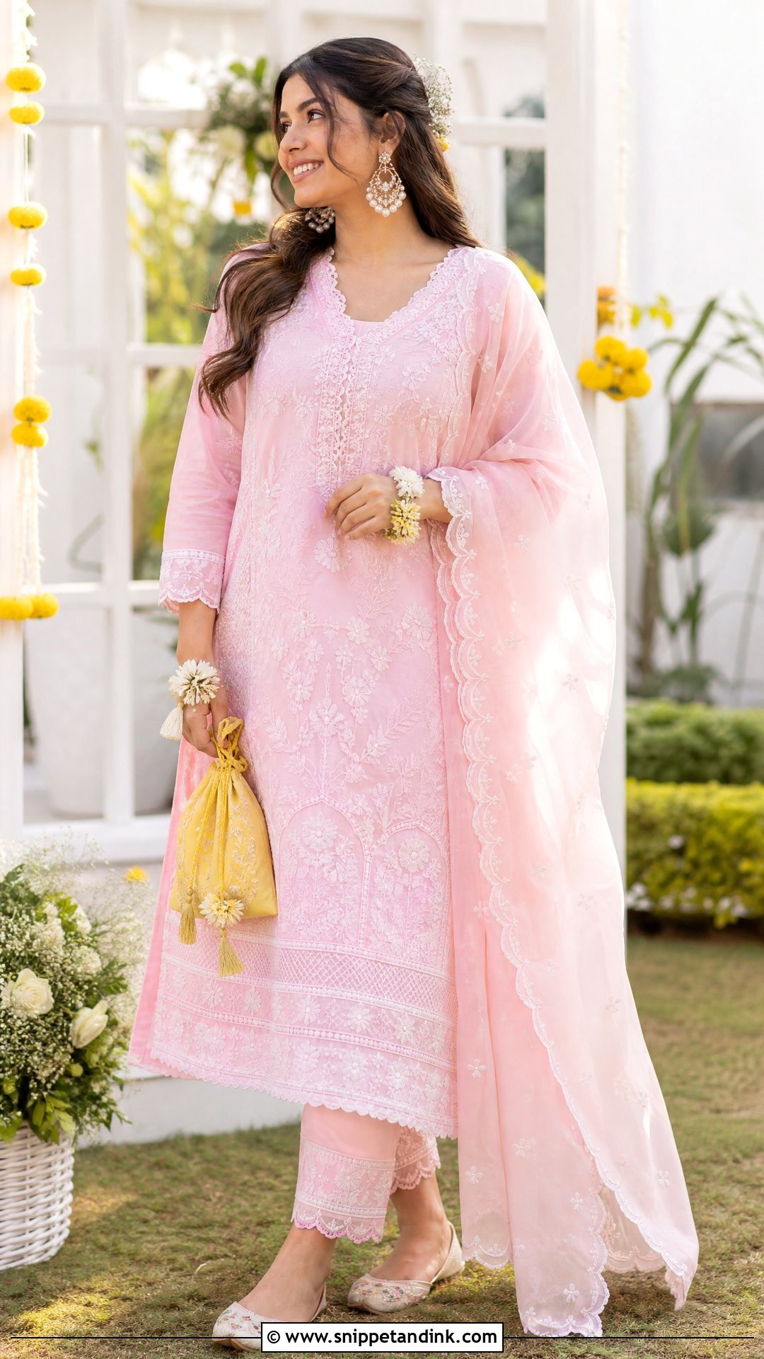 Pastel Pink Chikankari Kurta Set for Haldi - Snippet and Ink - 20 Pink Outfit for Haldi Ideas