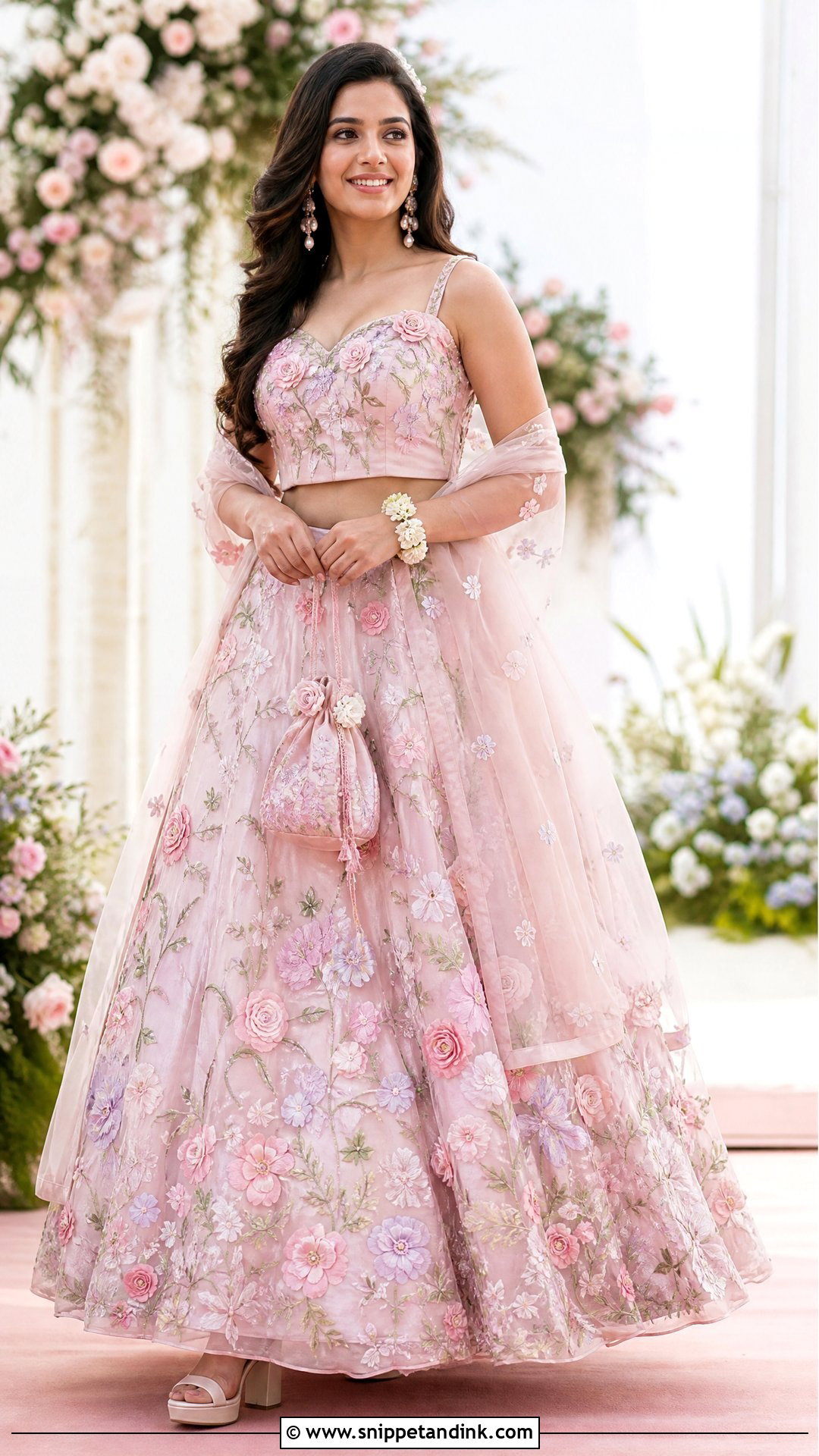 Pastel Pink Floral Lehenga for Sangeet Bride - Snippet and Ink - 20 Outfit for Sangeet Function for Bride Ideas