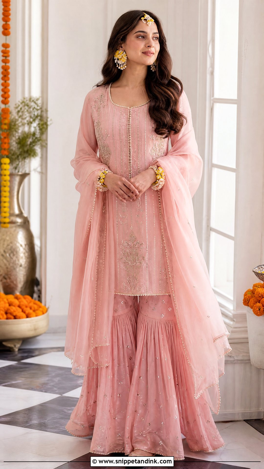 Pastel Pink Gharara for Haldi - Snippet and Ink - 20 Pink Haldi Outfit for Bride Ideas