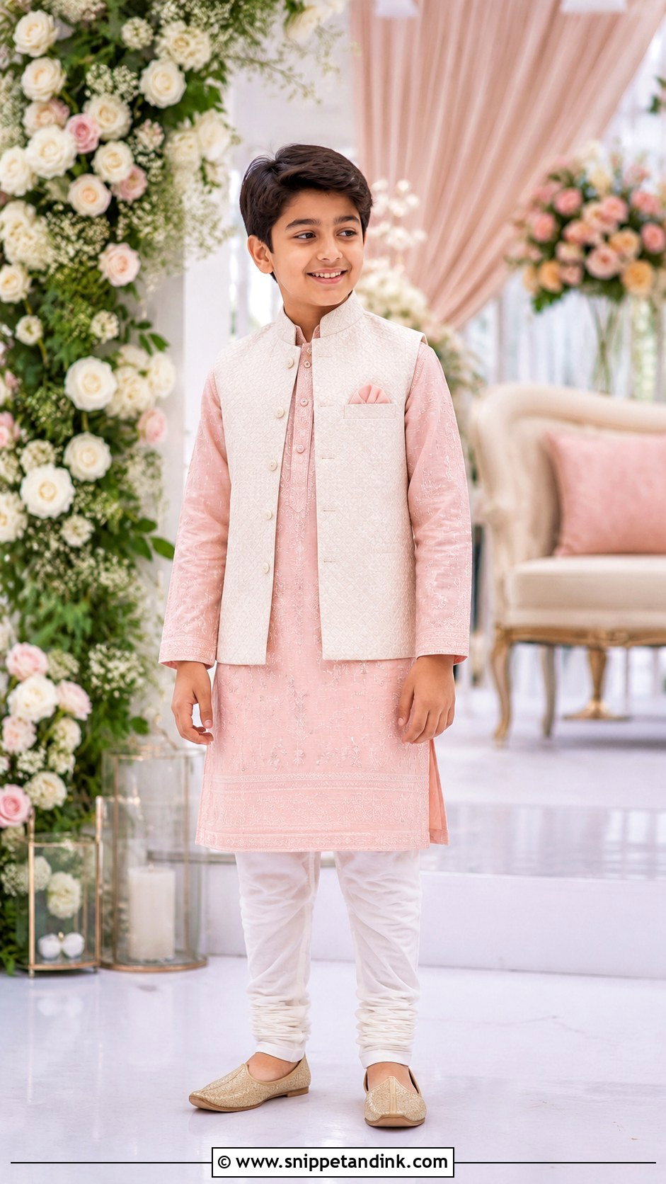 Pastel Pink Kurta With White Churidar - Snippet and Ink - 20 Boys Sangeet Outfit Ideas