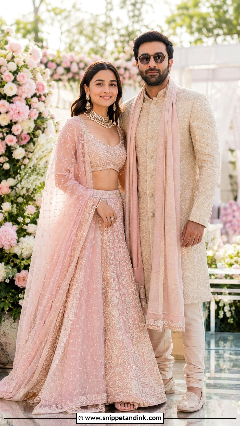 Pastel Pink Lehenga And Beige Sherwani Outfit - Snippet and Ink - 20 Indian Couple Wedding Outfit Ideas