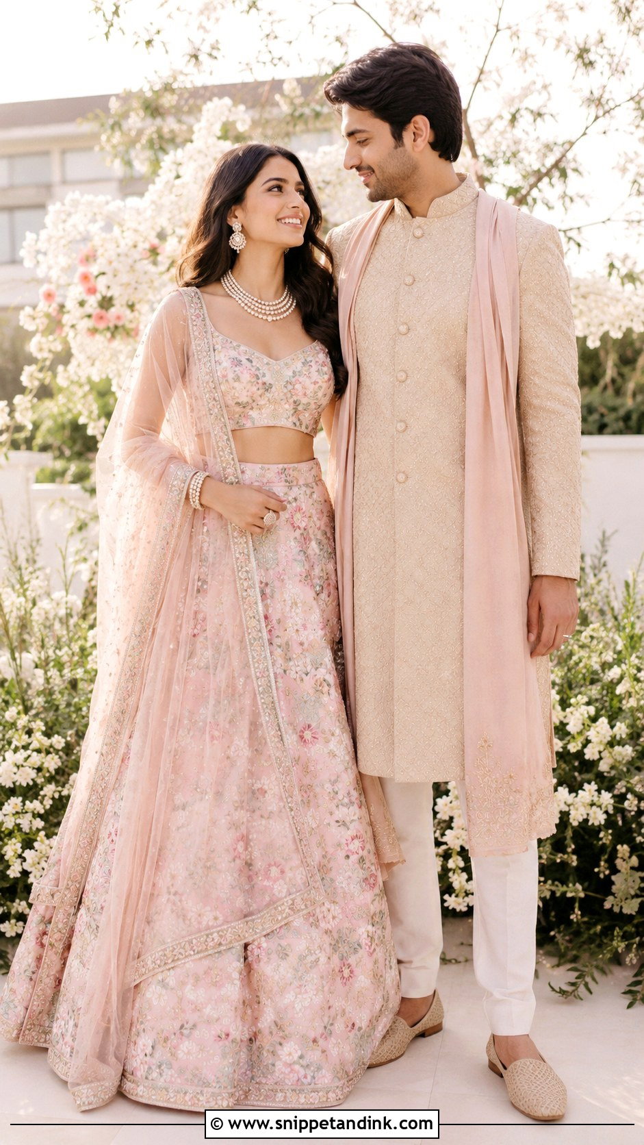 Pastel Pink Lehenga And Beige Sherwani - Snippet and Ink - 20 Couple Matching Dress Indian Wedding Ideas