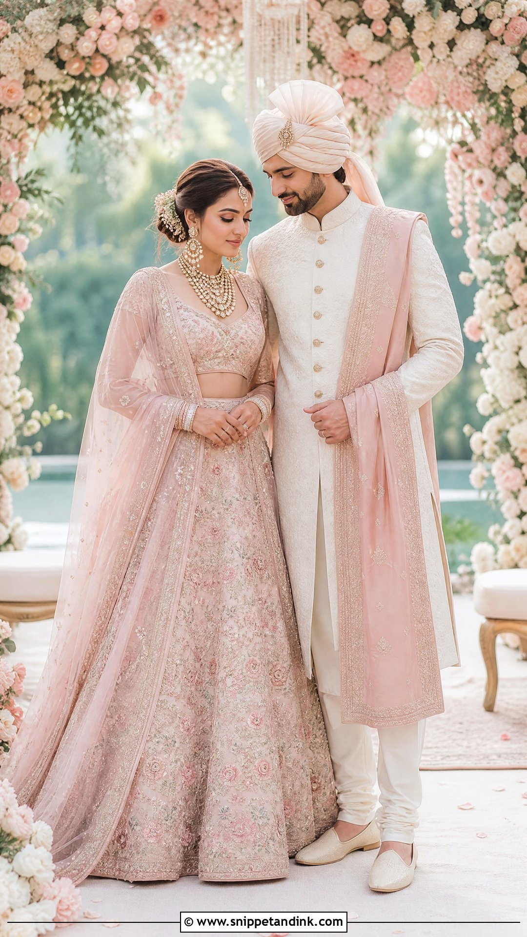 Pastel Pink Lehenga And Ivory Sherwani - Snippet and Ink - 25 Indian Wedding Couple Dress Ideas