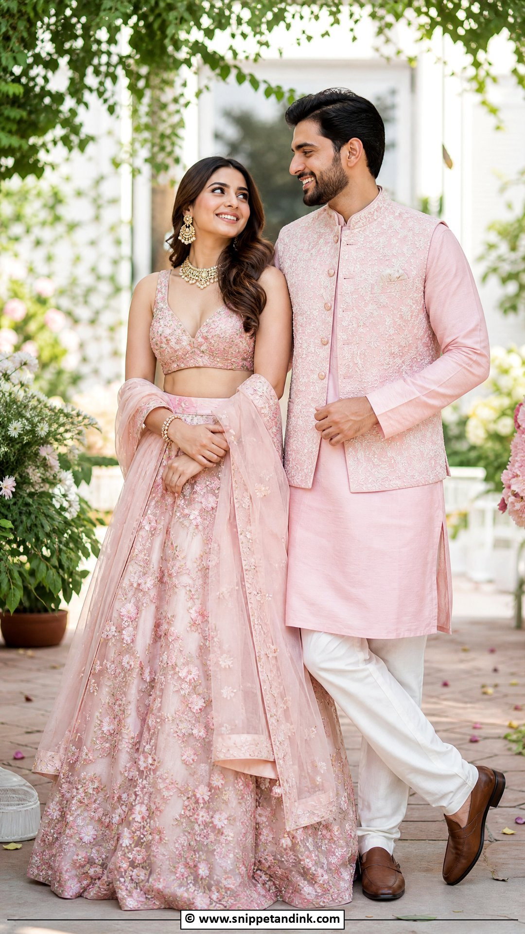 Pastel Pink Lehenga And Pink Kurta - Snippet and Ink - 35 Indian Couple Matching Dress Ideas