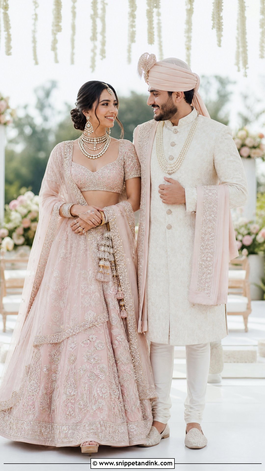 Pastel Pink Lehenga With Cream Sherwani - Snippet and Ink - 25 Indian Hindu Couple Wedding Dress Ideas