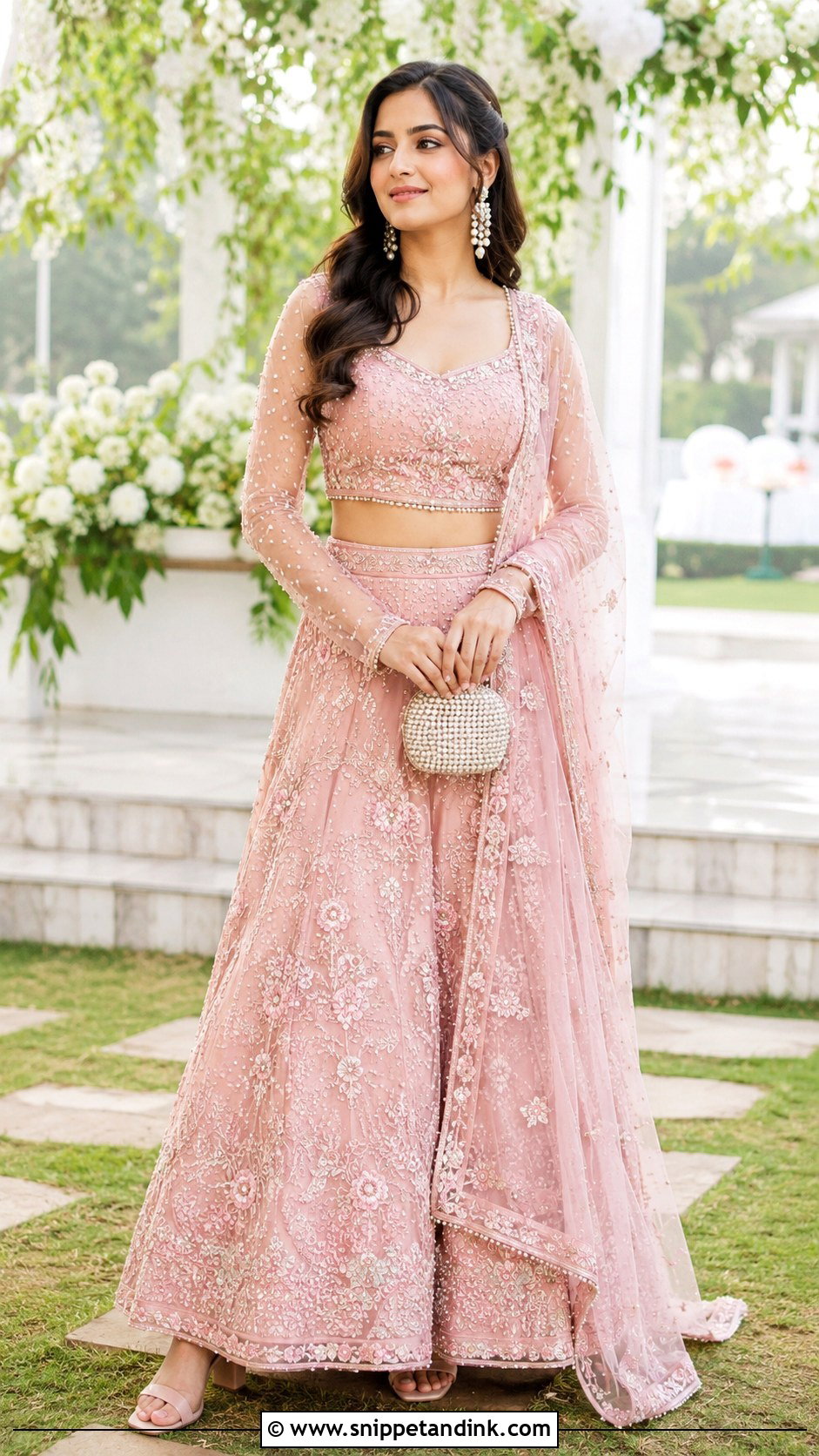 Pastel Pink Lehenga With Sheer Sleeves - Snippet and Ink - 20 Indian Wedding Dresses with Sleeves