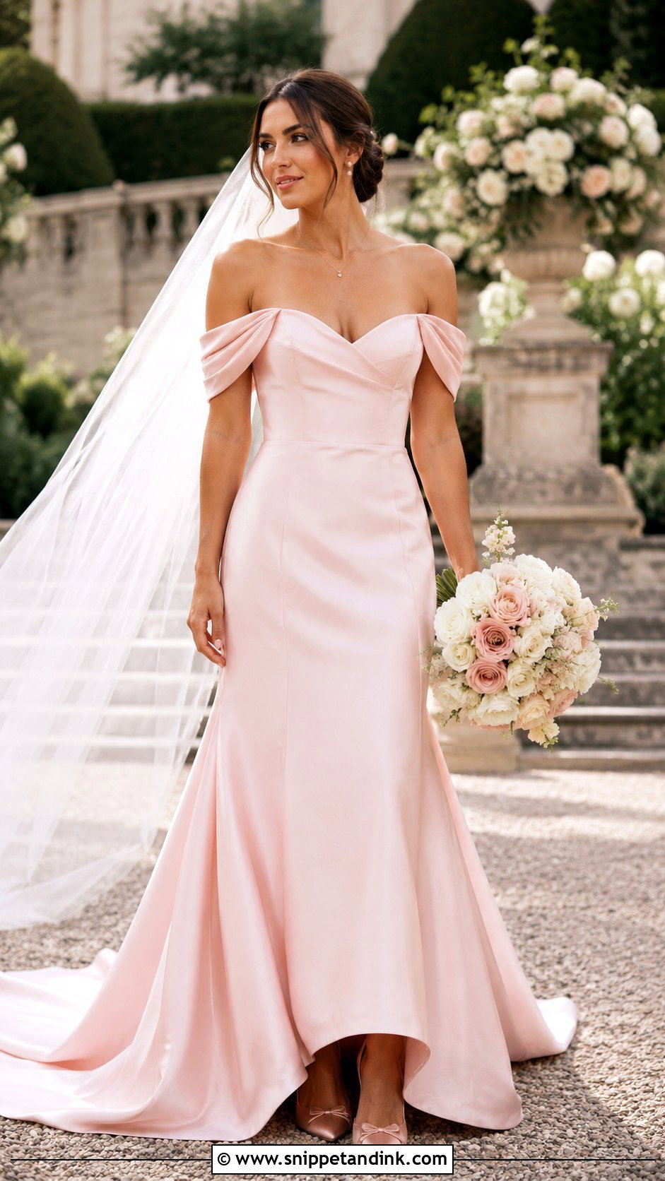 Pastel Pink Off the Shoulder Wedding Dress - Snippet and Ink - 20 Pastel Pink Wedding Dress Ideas