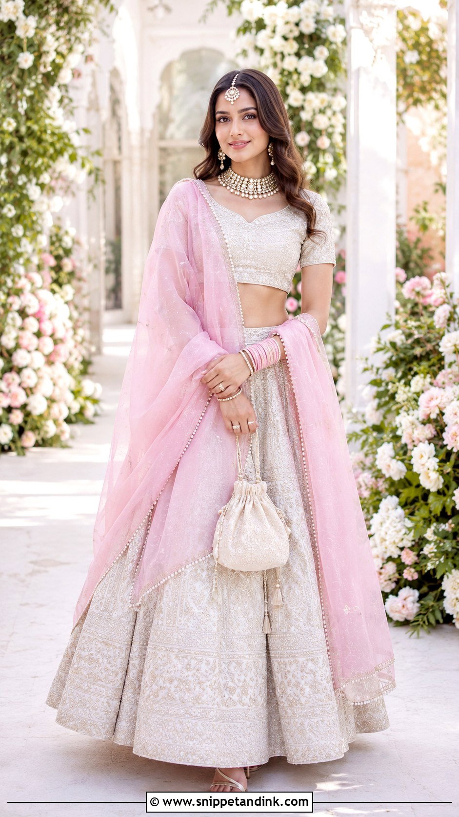 Pastel Pink Organza Chundadi With Ivory Lehenga - Snippet and Ink - 20 Chundadi Design for Marriage Ideas