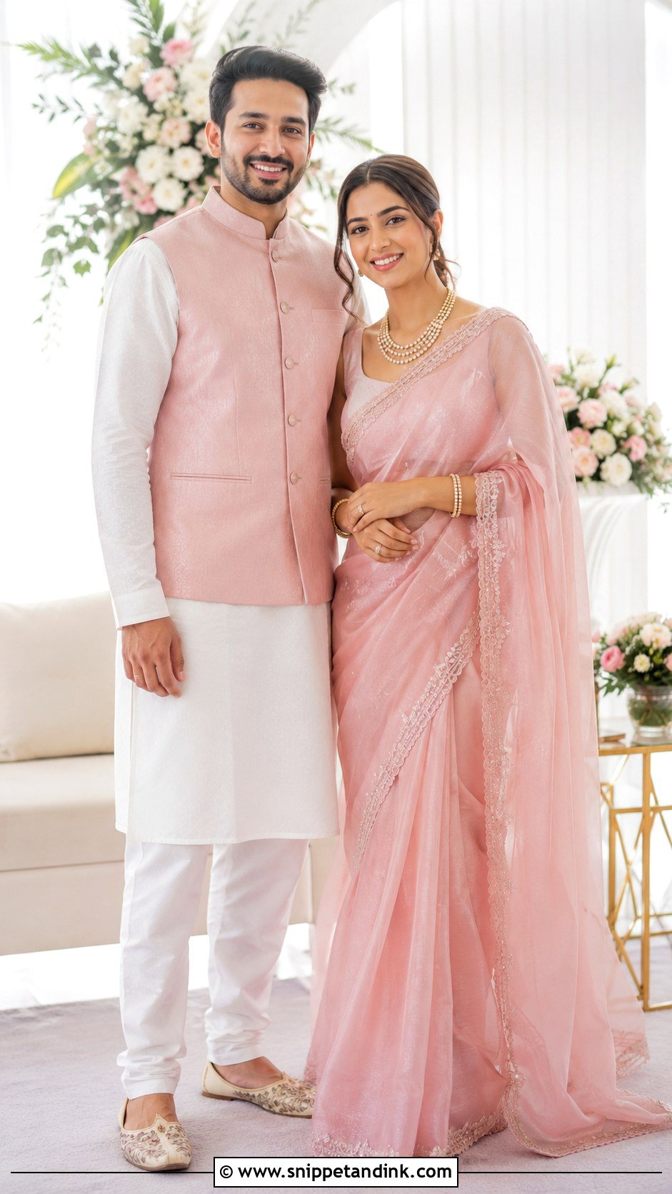 Pastel Pink Saree And White Kurta Set Wedding Couple Dress Combination - Snippet and Ink - 25 Wedding Couple Dress Combination Ideas