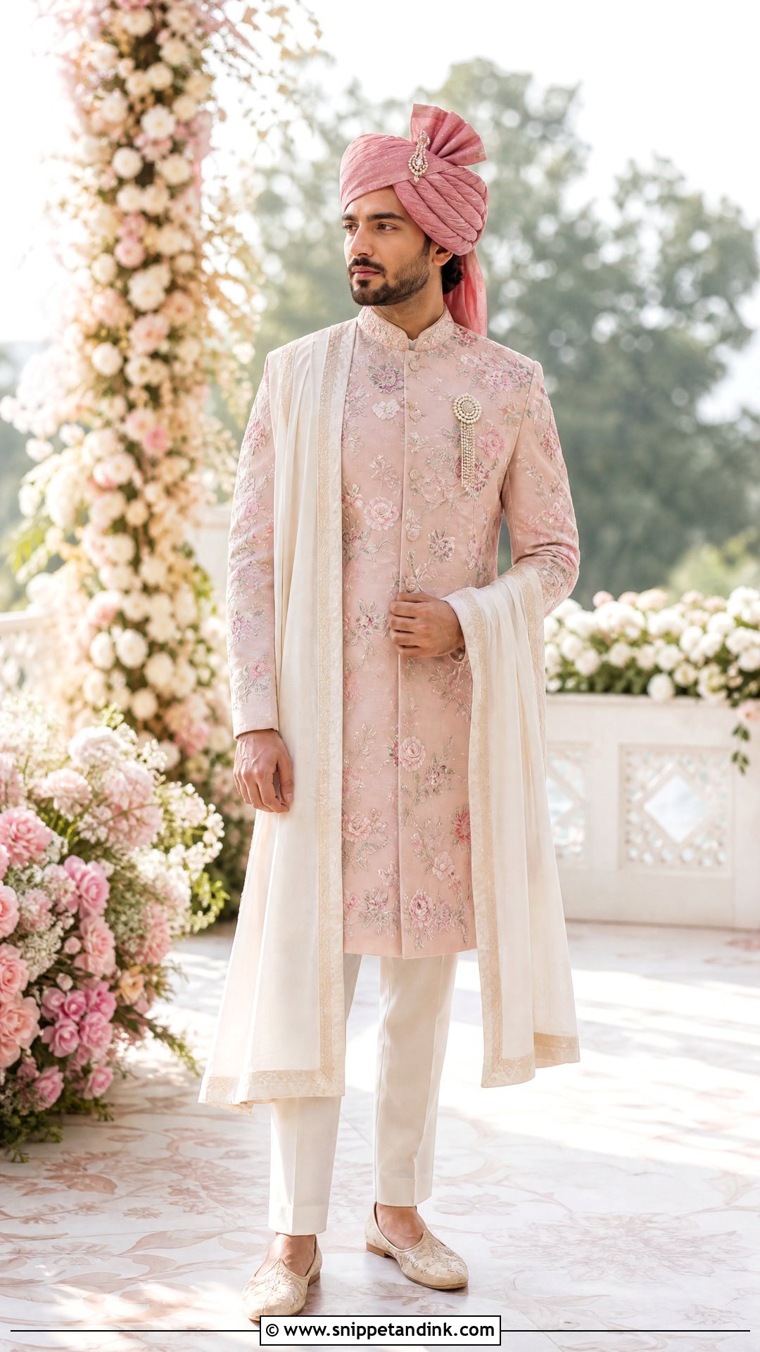 Pastel Pink Sherwani With Ivory Trousers - Snippet and Ink - 20 Sherwani Wedding Ideas