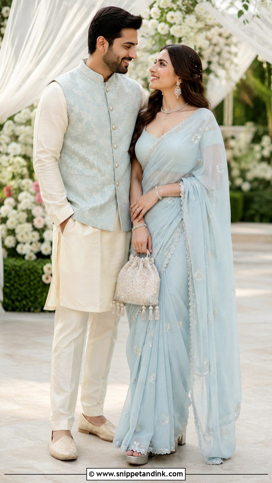 Pastel Saree and Coordinated Kurta Couple Wedding Outfit - Snippet and Ink - 20 Couple Dress for Wedding Ideas