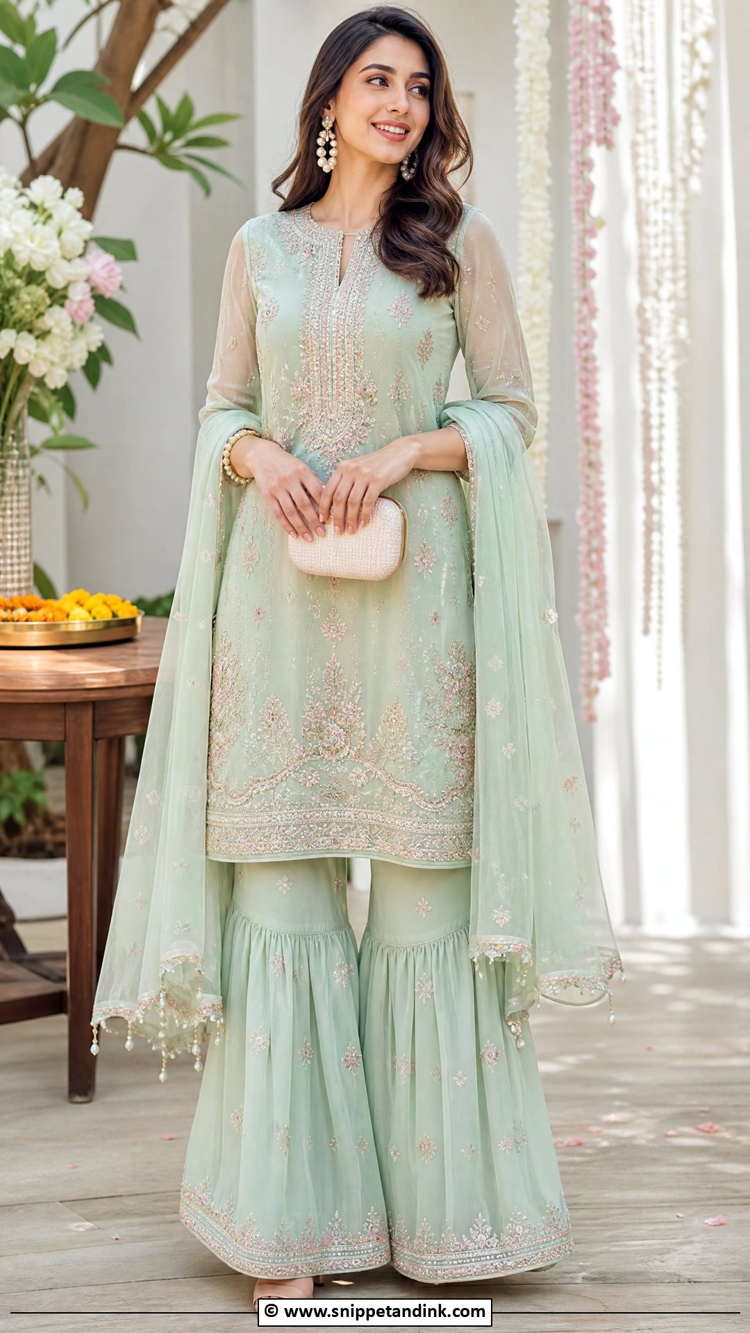 Pastel Sharara Set With Pearl Jewelry - Snippet and Ink - 35 Mehndi Dress Ideas