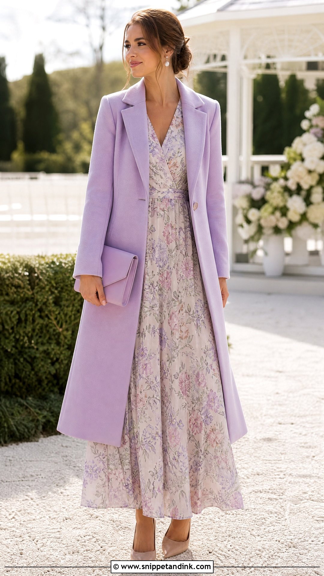 Pastel Wool Coat With Floral Maxi Dress - Snippet and Ink - 20 Formal Coats for Women Wedding Ideas