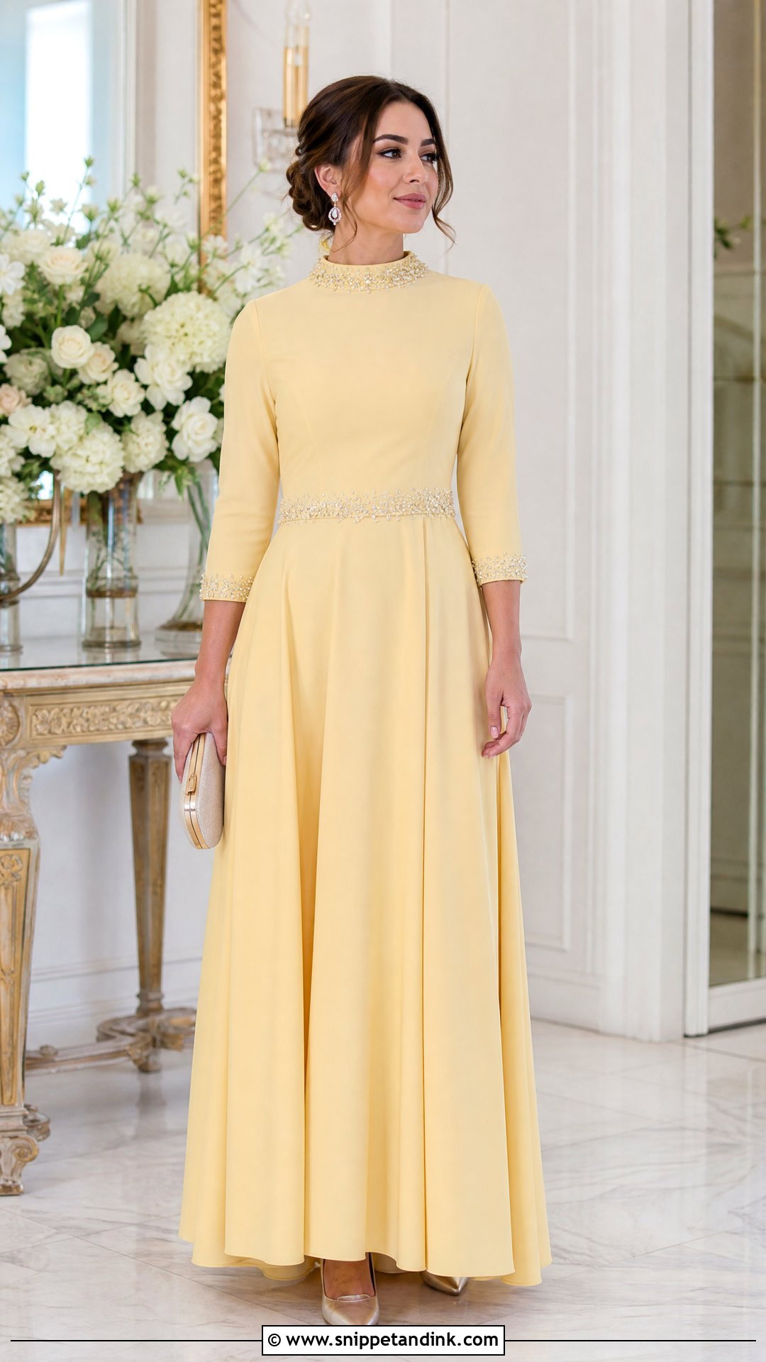 Pastel Yellow Beaded Modest Gown - Snippet and Ink - 20 Pastel Yellow Gown Ideas