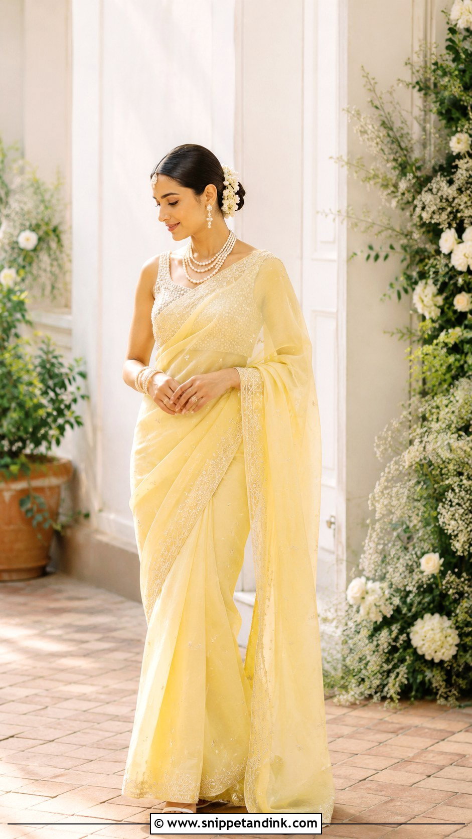 Pastel Yellow Bridal Saree With Pearl Jewelry - Snippet and Ink - 20 Yellow Bride Ideas