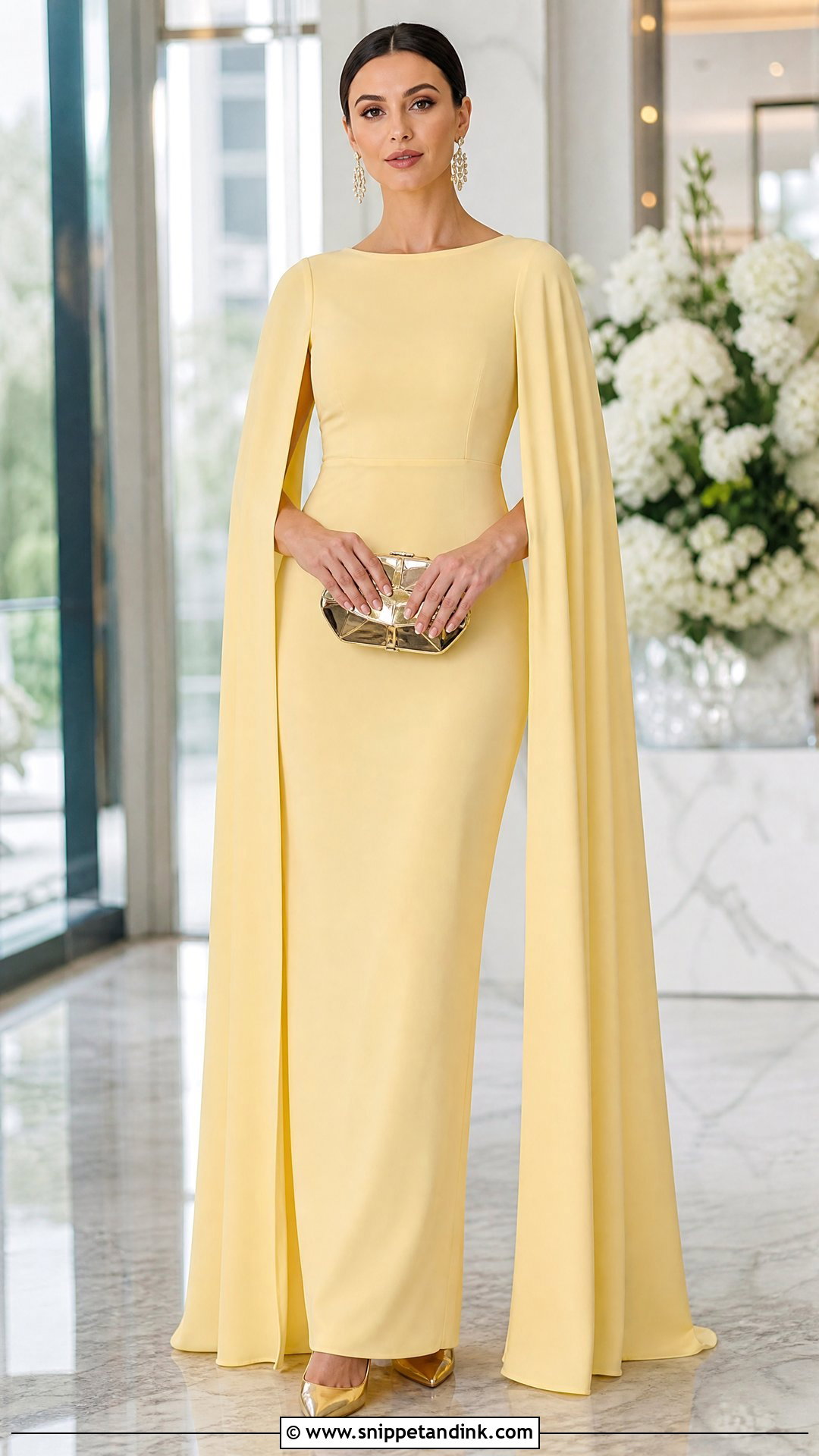 Pastel Yellow Cape Sleeve Gown - Snippet and Ink - 20 Pastel Yellow Gown Ideas