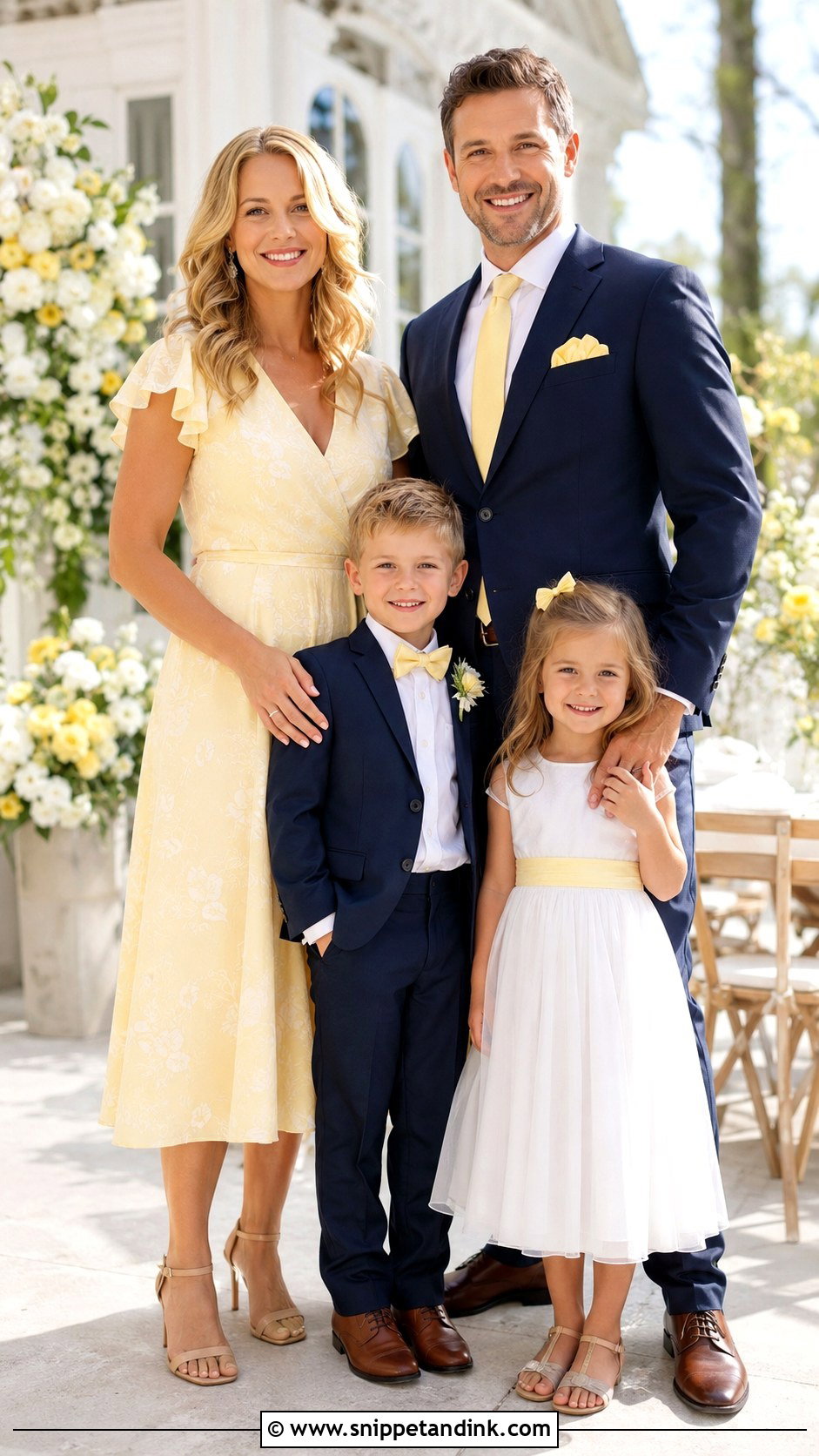 Pastel Yellow Dress And Navy Suit Family Wedding Outfit - Snippet and Ink - 25 Family Wedding Outfits