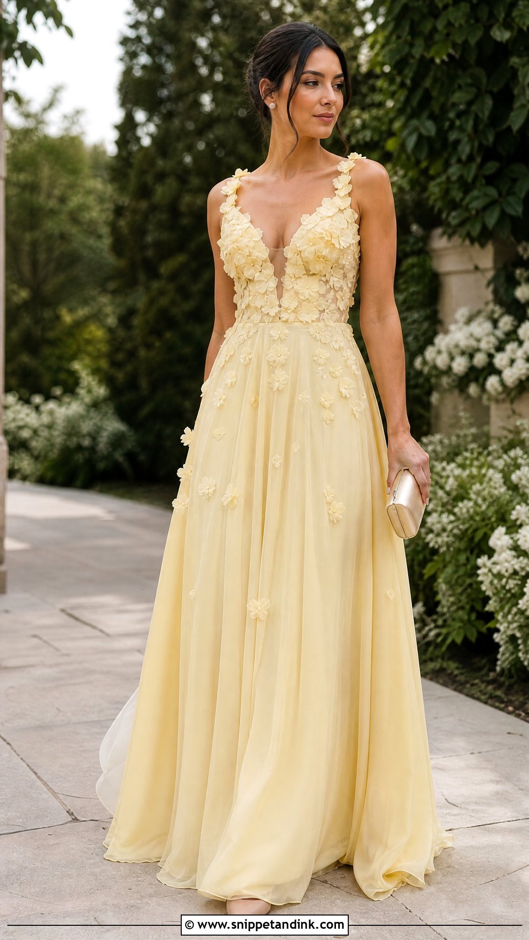 Pastel Yellow Floral Applique Gown - Snippet and Ink - 20 Pastel Yellow Gown Ideas